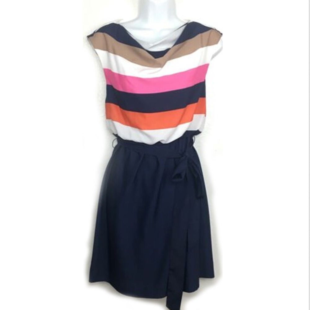 Eliza J Striped Fit Flare Dress Women Size 8 Sleeveless Navy Preppy Classic